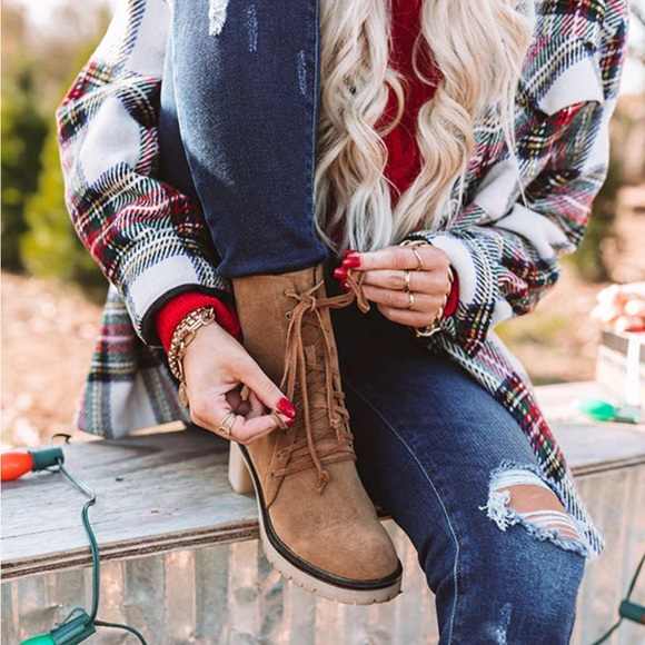 NWT Oasis Society Vegan Leather Suede Lace Up Chunky Boots Booties Camel Brown - Picture 5 of 7